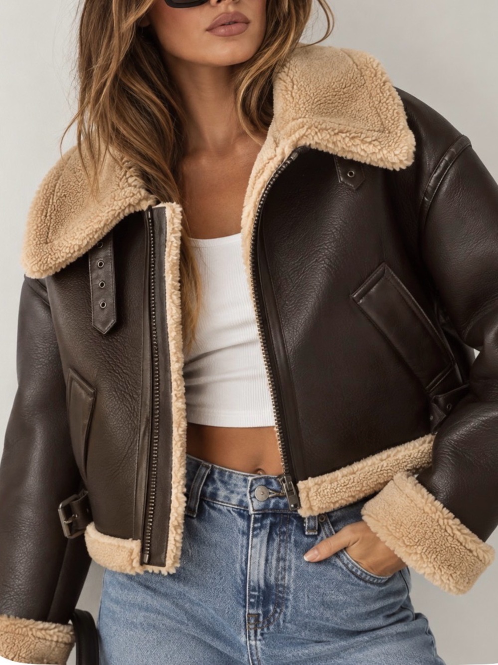 ASOS Dark Brown Leather Aviator Jacket with Cream Shearling Trim crop style